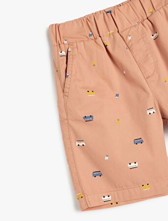 Pamuklu Araba Desenli Beli Lastikli Cepli Şort