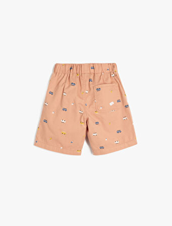 Pamuklu Araba Desenli Beli Lastikli Cepli Şort