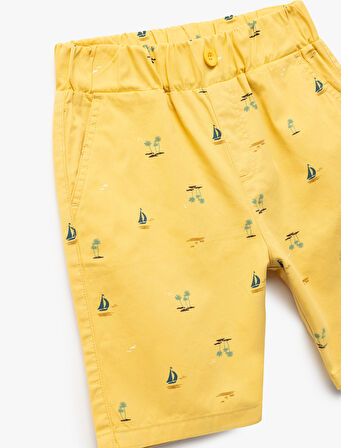 Cepli Gabardin Beli Lastikli Denizci Temalı Baskılı Şort