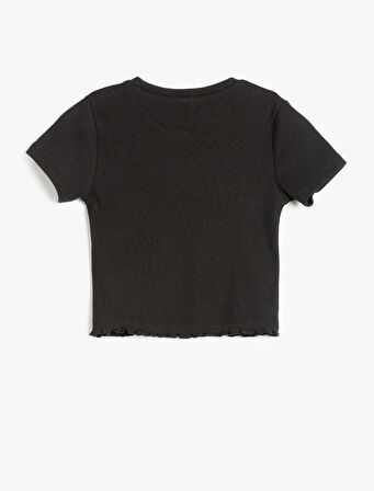 Pamuklu Kalp Detaylı Kısa Kollu Bisiklet Yaka Basic Crop Tişört