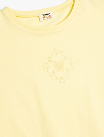 Tişört Kısa Kollu Bisiklet Yaka Kelebek İşlemeli Pamuklu