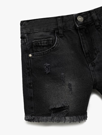 Pamuklu Cepli Yıpratılmış Detaylı Yüksek Bel Denim Şort