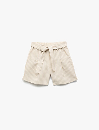 Keten Karışımlı Kemerli Çizgili Şort