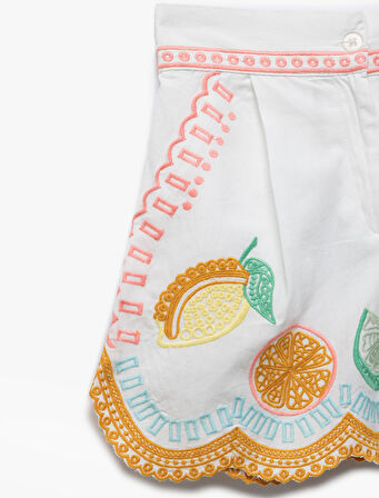 Pamuklu İşlemeli Meyve Desenli Beli Lastikli Şort