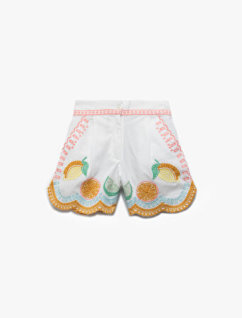Pamuklu İşlemeli Meyve Desenli Beli Lastikli Şort