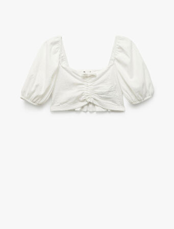 Kare Yaka Gipe Detaylı Balon Kollu Crop Bluz
