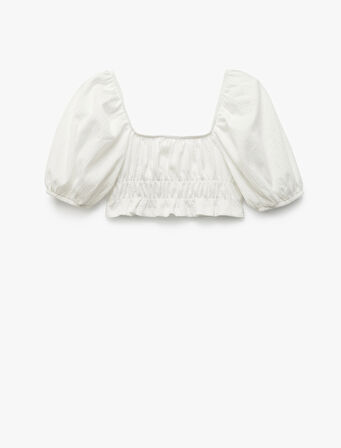Kare Yaka Gipe Detaylı Balon Kollu Crop Bluz