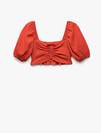 Kare Yaka Gipe Detaylı Balon Kollu Crop Bluz