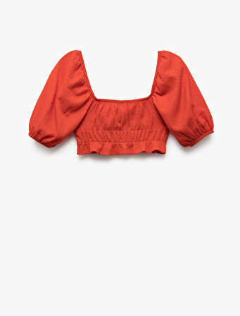 Kare Yaka Gipe Detaylı Balon Kollu Crop Bluz