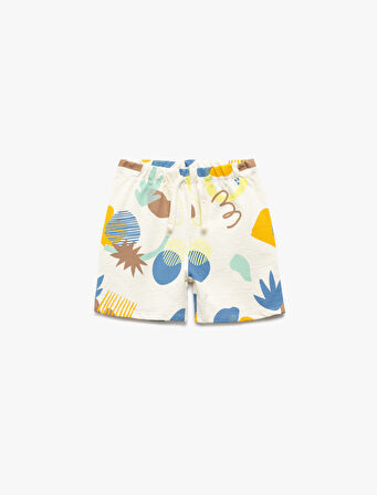 Beli Bağlamalı Baskılı Pamuklu Şort