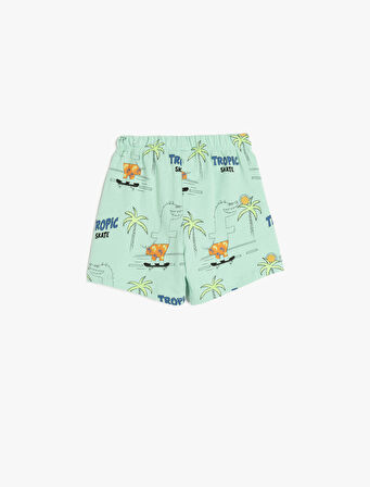 Palmiye Baskılı Pamuklu Beli Lastikli Bermuda Şort