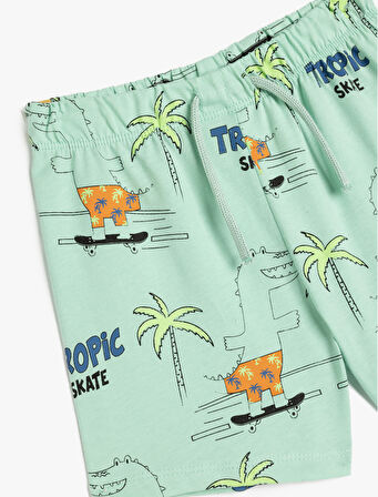 Palmiye Baskılı Pamuklu Beli Lastikli Bermuda Şort