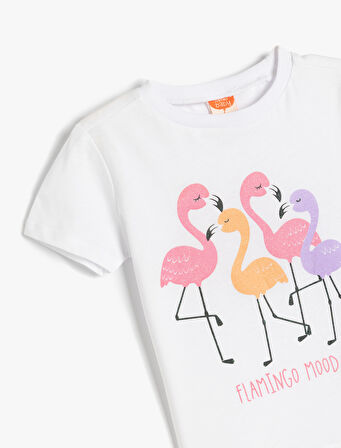 Flamingo Baskılı Bisiklet Yaka Pamuklu Kısa Kollu Tişört