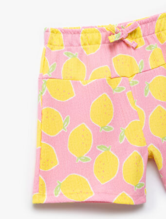 Beli Lastikli Bağcık Detaylı Limon Baskılı Şort