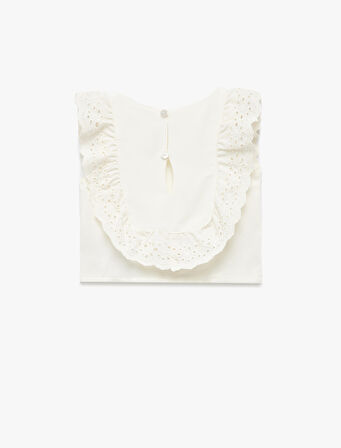 Viskon ve Keten Karışımlı Kolsuz Bisiklet Yaka Brodeli Bluz