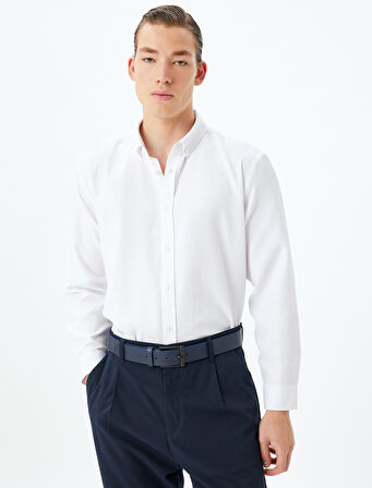 Uzun Kollu Gömlek Düğmeli Yaka Dokulu Pamuk Karışımlı