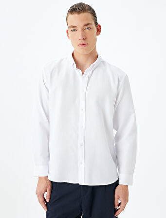 Uzun Kollu Gömlek Düğmeli Yaka Dokulu Pamuk Karışımlı