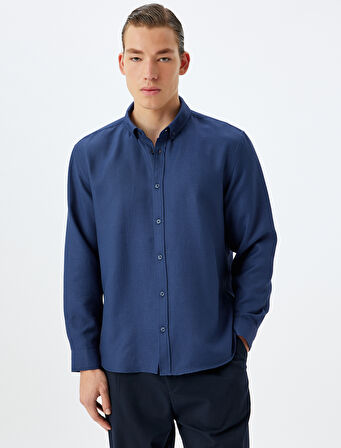 Uzun Kollu Gömlek Düğmeli Yaka Dokulu Pamuk Karışımlı Regular Fit