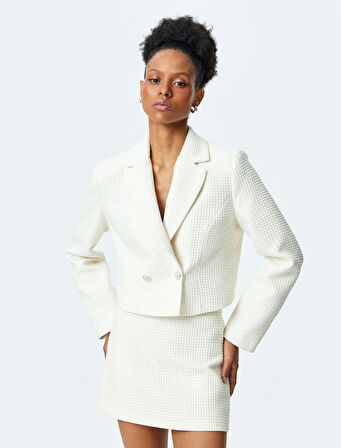 Uzun Kollu Slim Fit Kruvaze Crop Tüvit Blazer Ceket