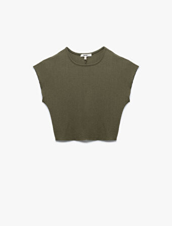 Dokulu Kap Kol Bisiklet Yaka Crop Tişört