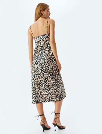 Degaje Yaka Saten Leopar İp Askılı Midi Slip Elbise
