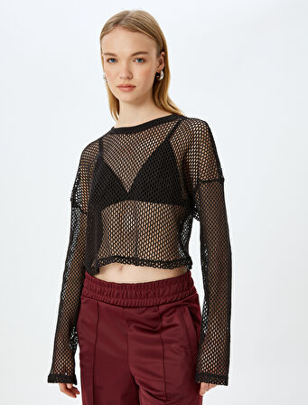 Uzun Kollu Bisiklet Yaka Crop File Tişört