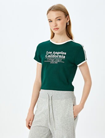 Slogan Baskılı Bisiklet Yaka Kısa Kollu Biyeli Slim Fit Tişört