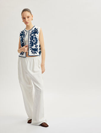 Aplike Nakışlı Bisiklet Yaka Kolsuz Crop Yelek