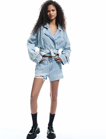 Yüksek Bel Rahat Kesim Pamuklu Yırtık Mini Denim Şort