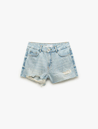 Yüksek Bel Rahat Kesim Pamuklu Yırtık Mini Denim Şort