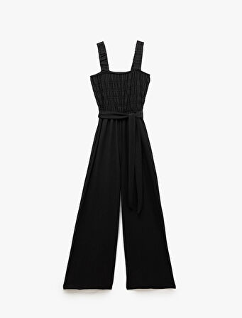 Gipeli Kare Yaka Kolsuz Beli Kuşaklı Geniş Paça Tulum
