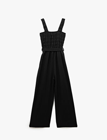 Gipeli Kare Yaka Kolsuz Beli Kuşaklı Geniş Paça Tulum