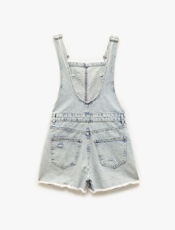 Yıpratma Detaylı Cepli Rahat Kesim Mini Askılı Denim Şort Salopet