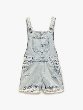 Yıpratma Detaylı Cepli Rahat Kesim Mini Askılı Denim Şort Salopet