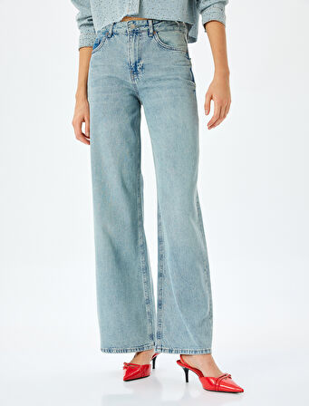 Normal Bel Geniş Paça Düğmeli Kot Pantolon  -  Wide Leg Jeans