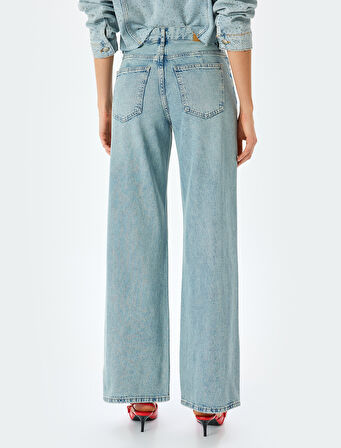 Normal Bel Geniş Paça Düğmeli Kot Pantolon  -  Wide Leg Jeans