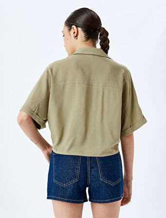 Bağlama Detaylı Viskon Kısa Kollu Crop Oversize Gömlek