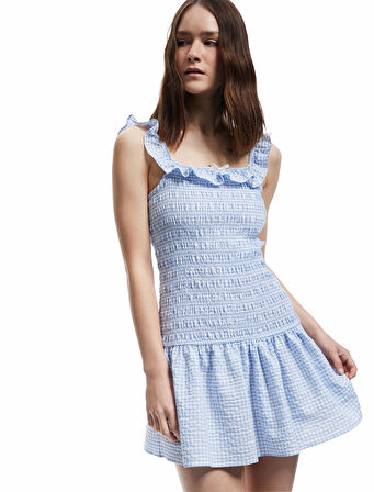 Kayık Yaka Gipeli Omzu Açık Pötikareli Fırfır Detaylı Mini Elbise