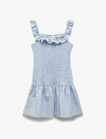 Kayık Yaka Gipeli Omzu Açık Pötikareli Fırfır Detaylı Mini Elbise