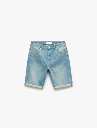 Katlamalı Paça Bermuda Slim Fit Denim Şort