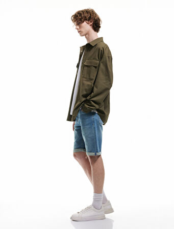 Katlamalı Paça Bermuda Slim Fit Denim Şort