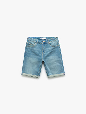 Katlamalı Paça Bermuda Slim Fit Denim Şort