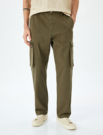 Normal Bel Pamuklu Düğmeli Kargo Cepli Pantolon