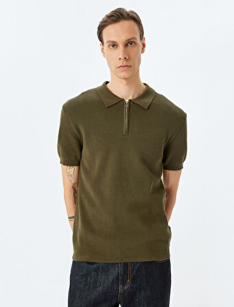 Yarım Fermuarlı Pamuk Karışımlı Kısa Kollu Triko Tişört