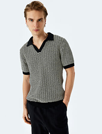 Pamuk Karışımlı Polo V Yaka Çizgili Kısa Kollu Triko Tişört