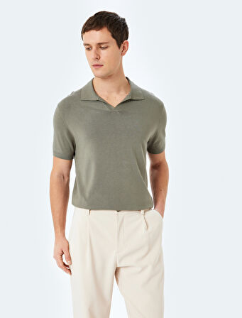 V Polo Yaka Viskon Kısa Kollu Triko Tişört