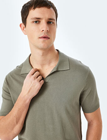 V Polo Yaka Viskon Kısa Kollu Triko Tişört