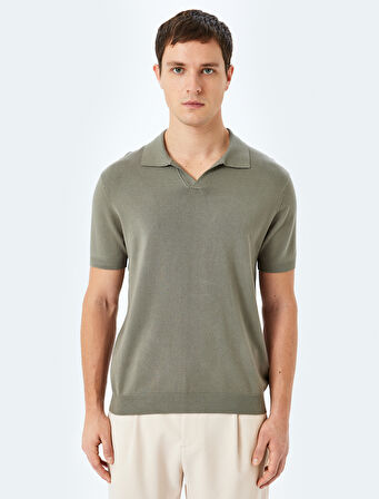 V Polo Yaka Viskon Kısa Kollu Triko Tişört