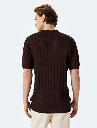 Polo Yaka Düğme Detaylı Viskon Karışımlı Dokulu Kısa Kollu Triko Tişört