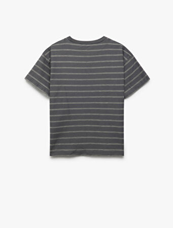 Pamuklu Bisiklet Yaka Kısa Kollu Oversize Çizgili Tişört